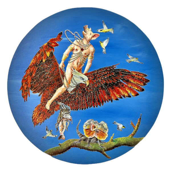 23. MURAT URLALI The Third Flight of the Serosch 30cmØ enamel, gold liner, rhinestones, glitter on wood, AUD$ 1100