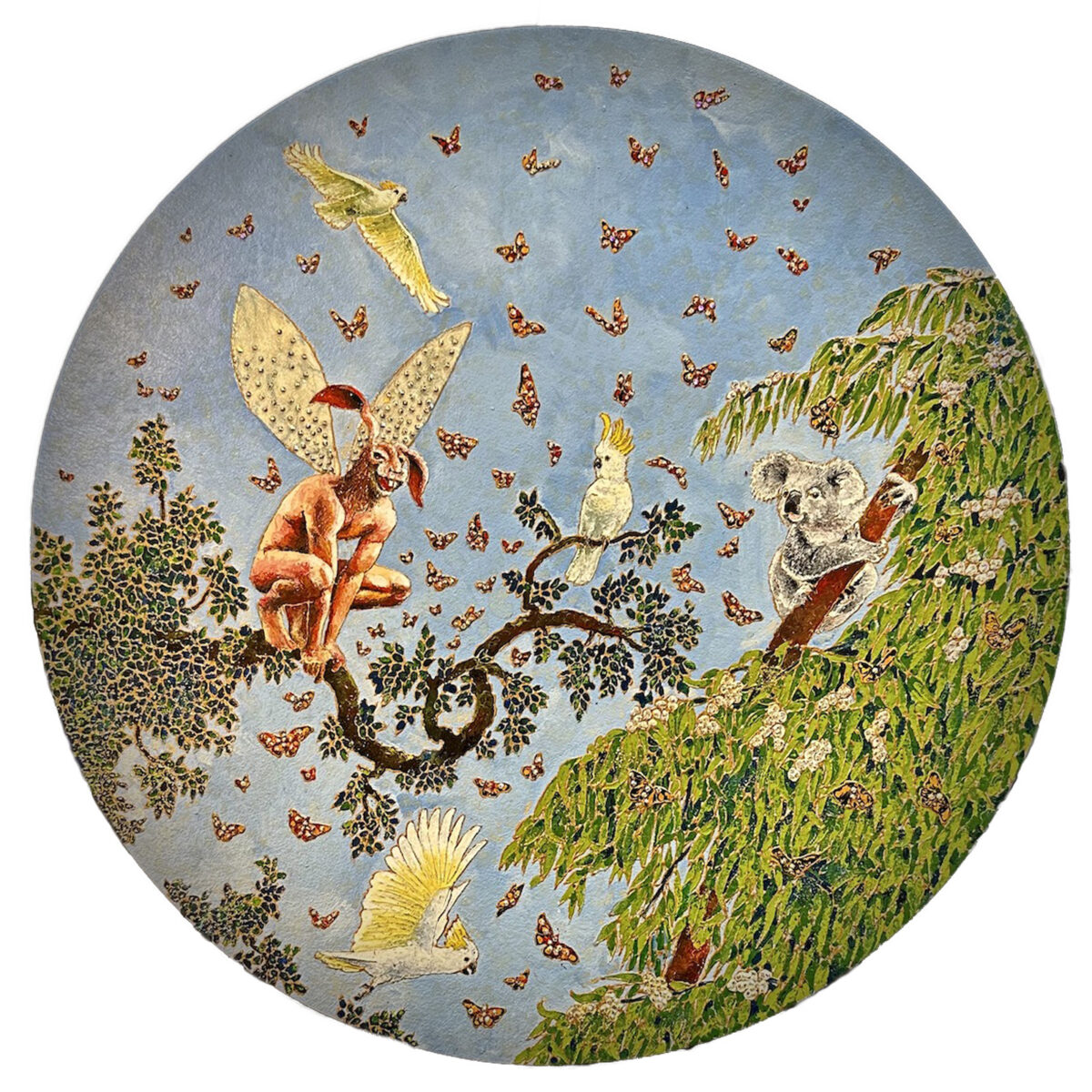 24. MURAT URLALI The Seventh Flight of the Serosch 30cmØ, enamel, gold liner, rhinestones, glitter on wood, AUD$ 1100