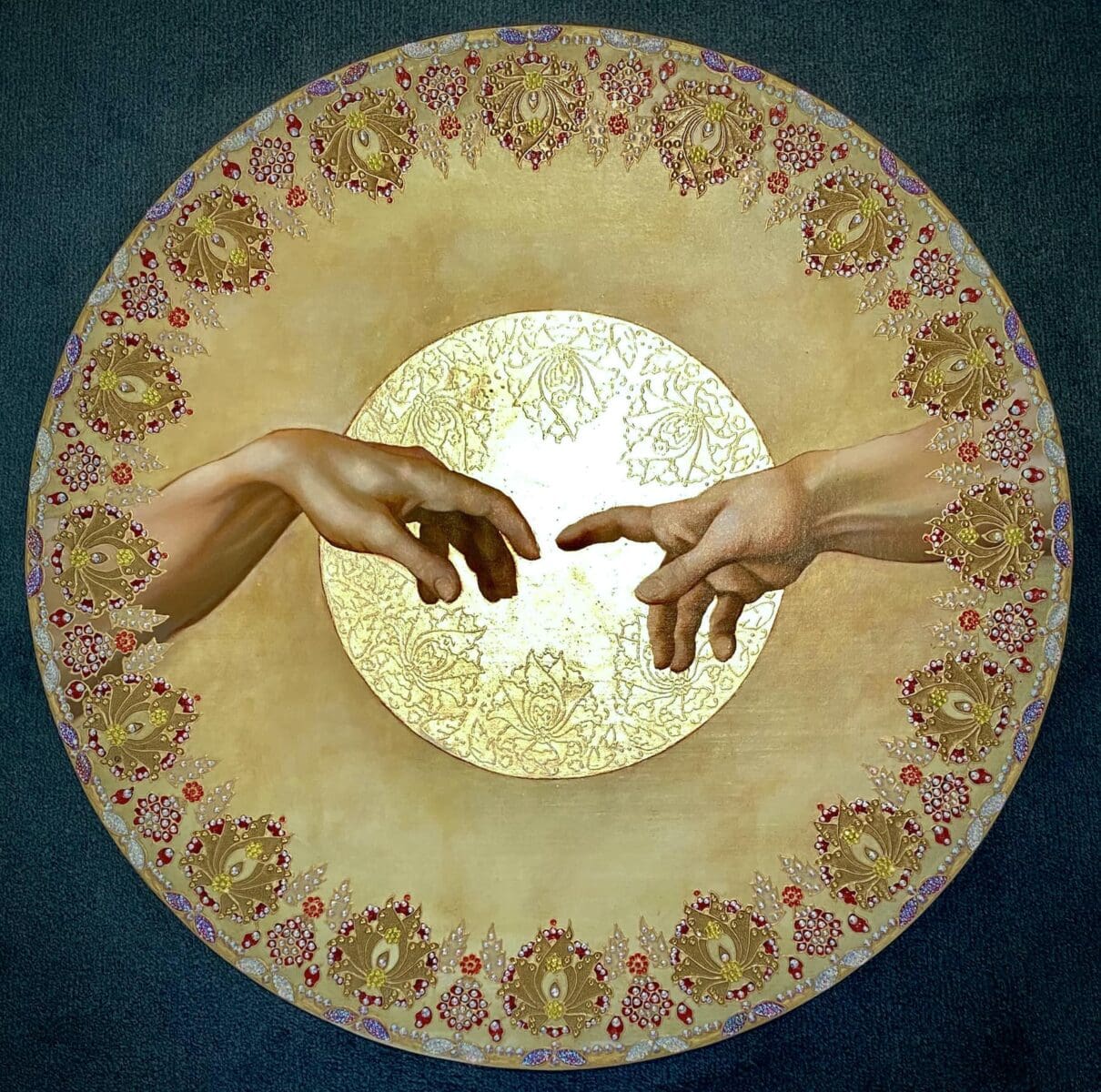Intimacy II, after Michelangelo, oil, acrylic, enamel, rhinestones, glitter, gold liner, gold leaf on canvas mounted on wood panel, 60cmØ