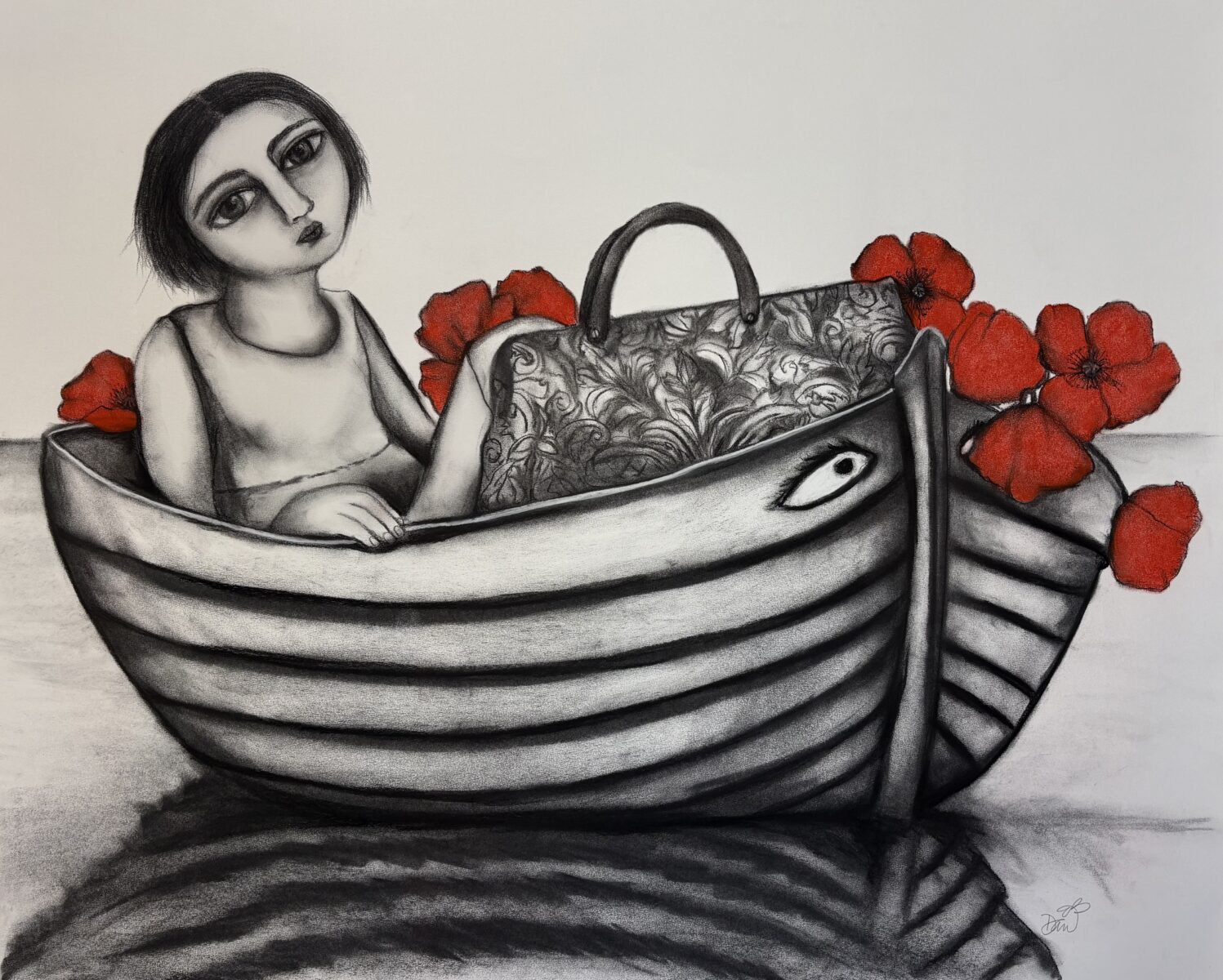 The Long Boat Ride 70 x 90cm charcoal on rag paper $3250